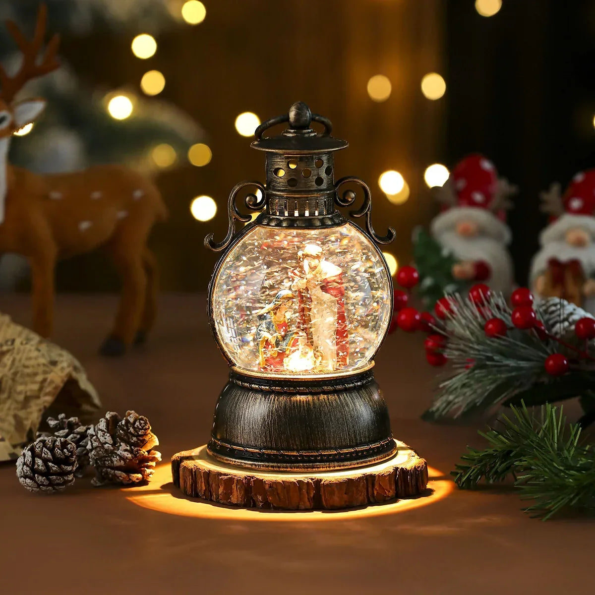 Christmas Lantern Glass Dome Warm LED Battery-Powered