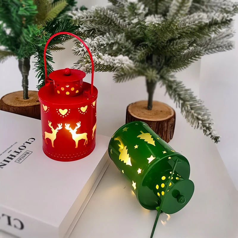 Christmas Lantern Painted Metal Cordless Warm LED Light