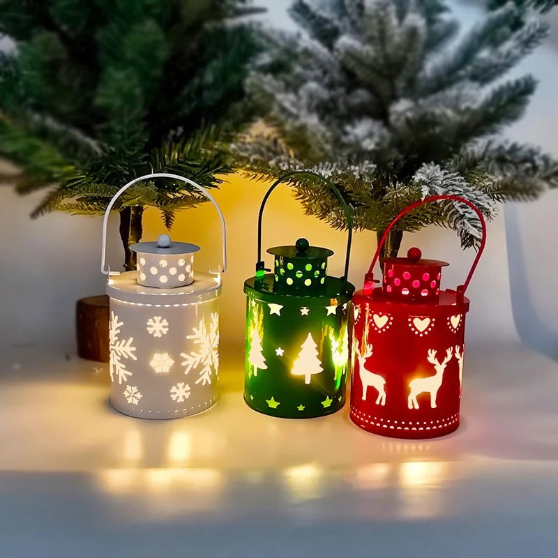 Christmas Lantern Painted Metal Cordless Warm LED Light
