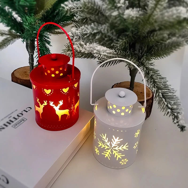 Christmas Lantern Painted Metal Cordless Warm LED Light
