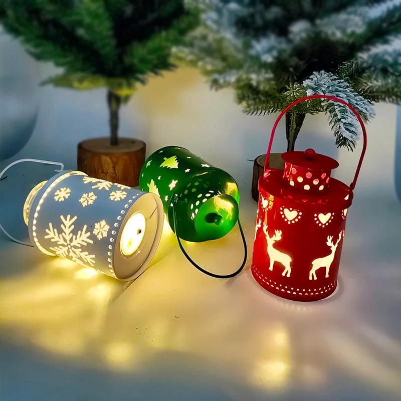 Christmas Lantern Painted Metal Cordless Warm LED Light