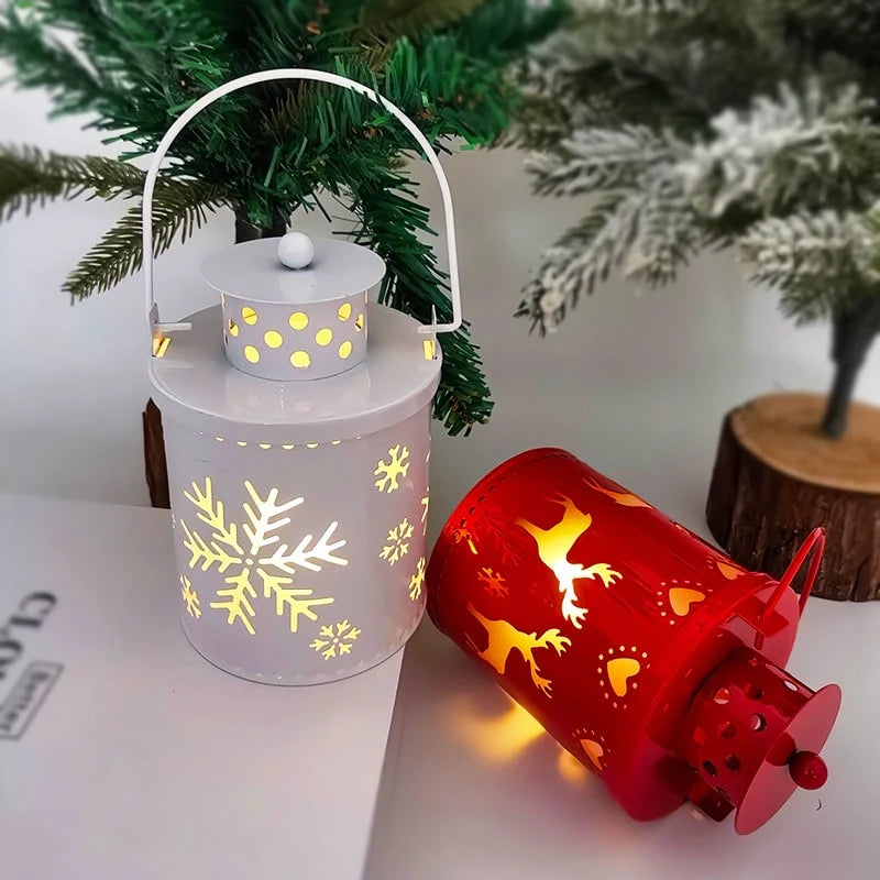 Christmas Lantern Painted Metal Cordless Warm LED Light