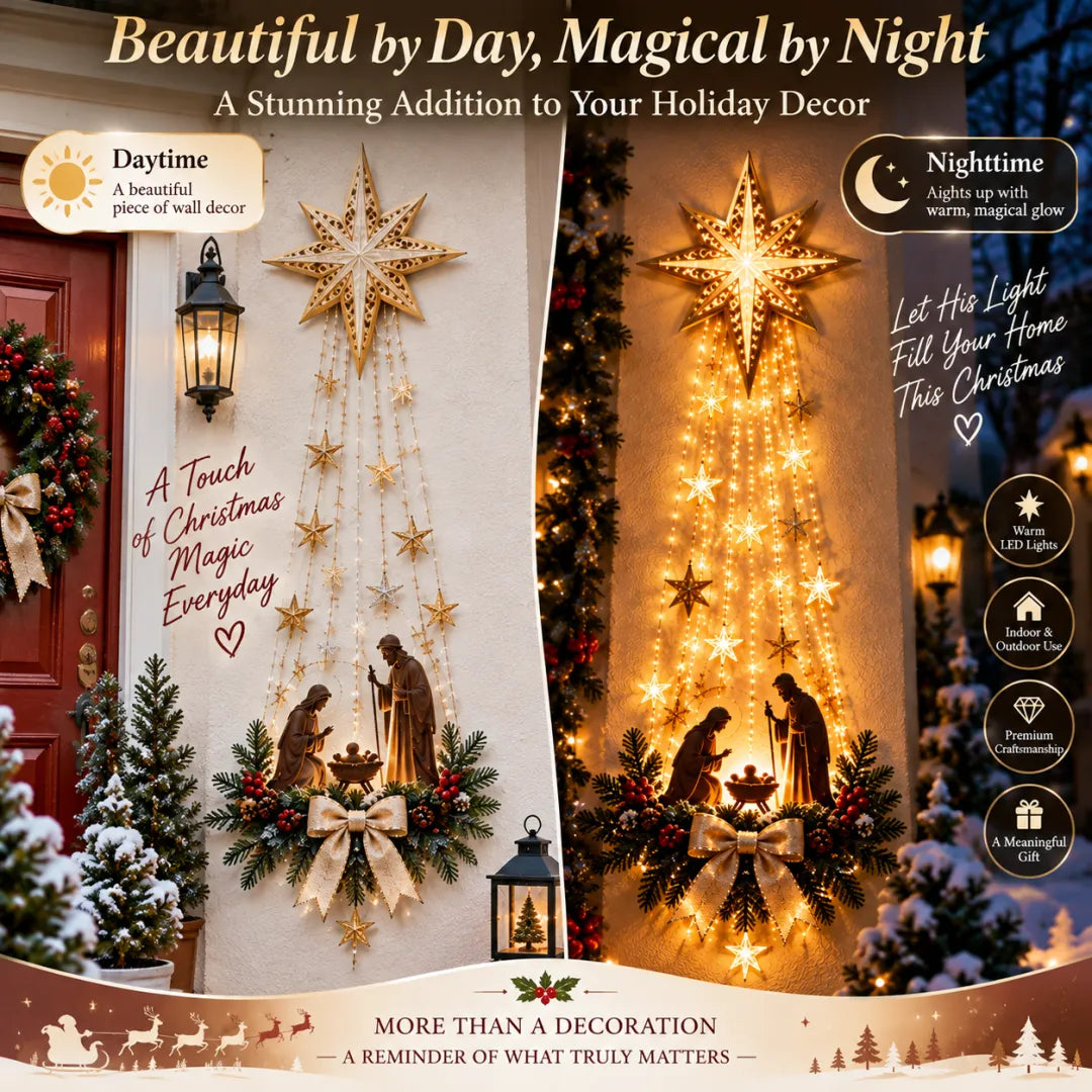 Christmas Nativity Wall Decor Warm Cascading Lights