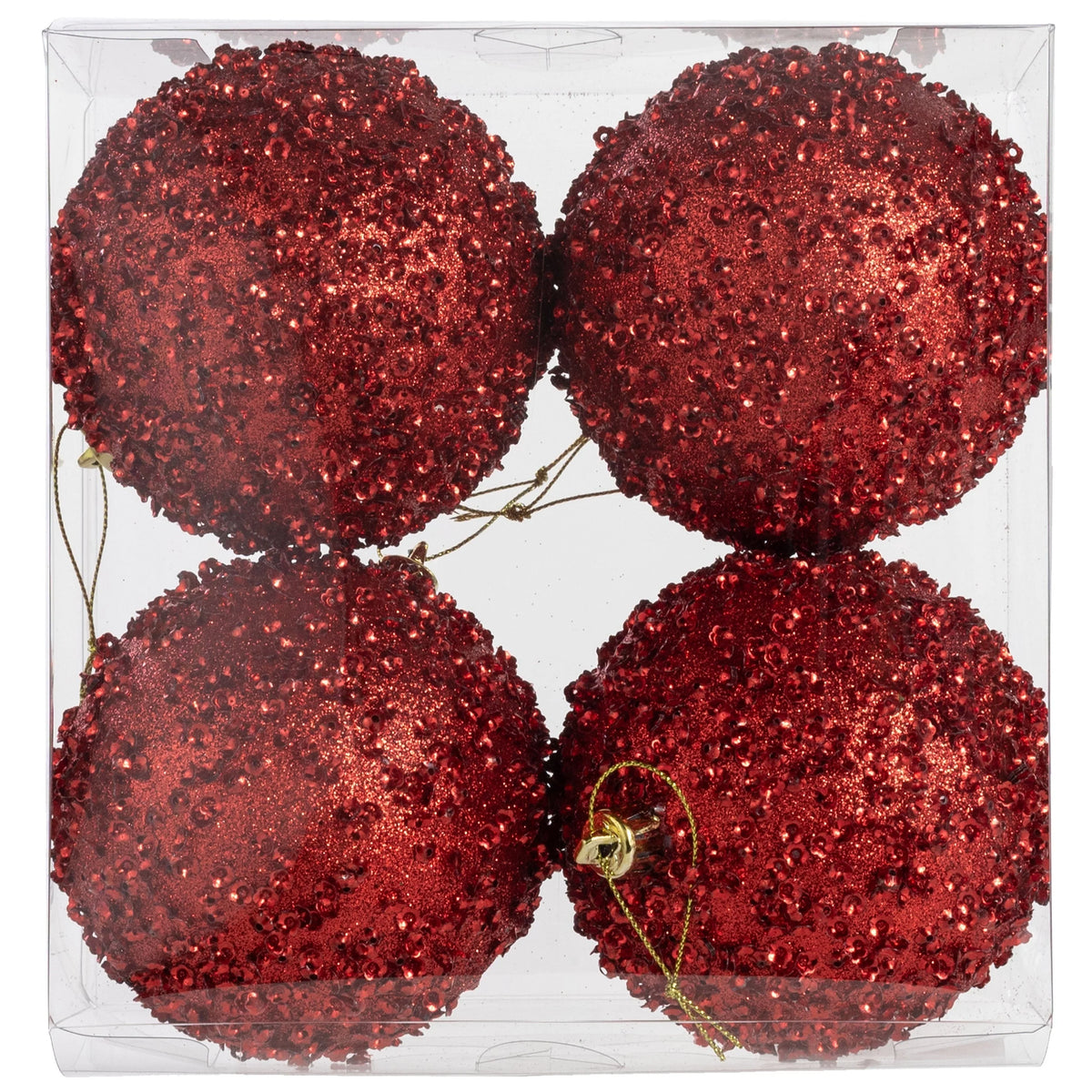 Christmas Ornaments Red Glitter Sequins Shatter-Resistant Set of 4