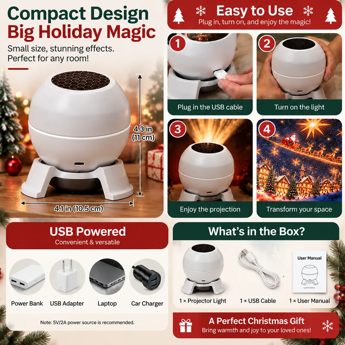 Christmas Projector Light Compact USB-Powered