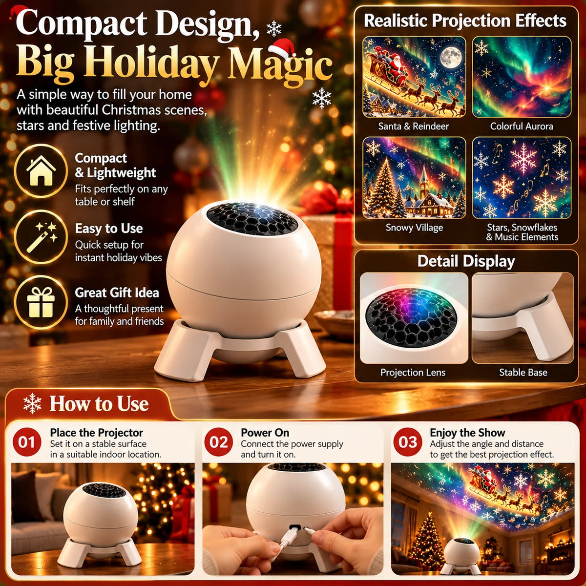 Christmas Projector Light Festive Indoor Projections Compact Tabletop Design