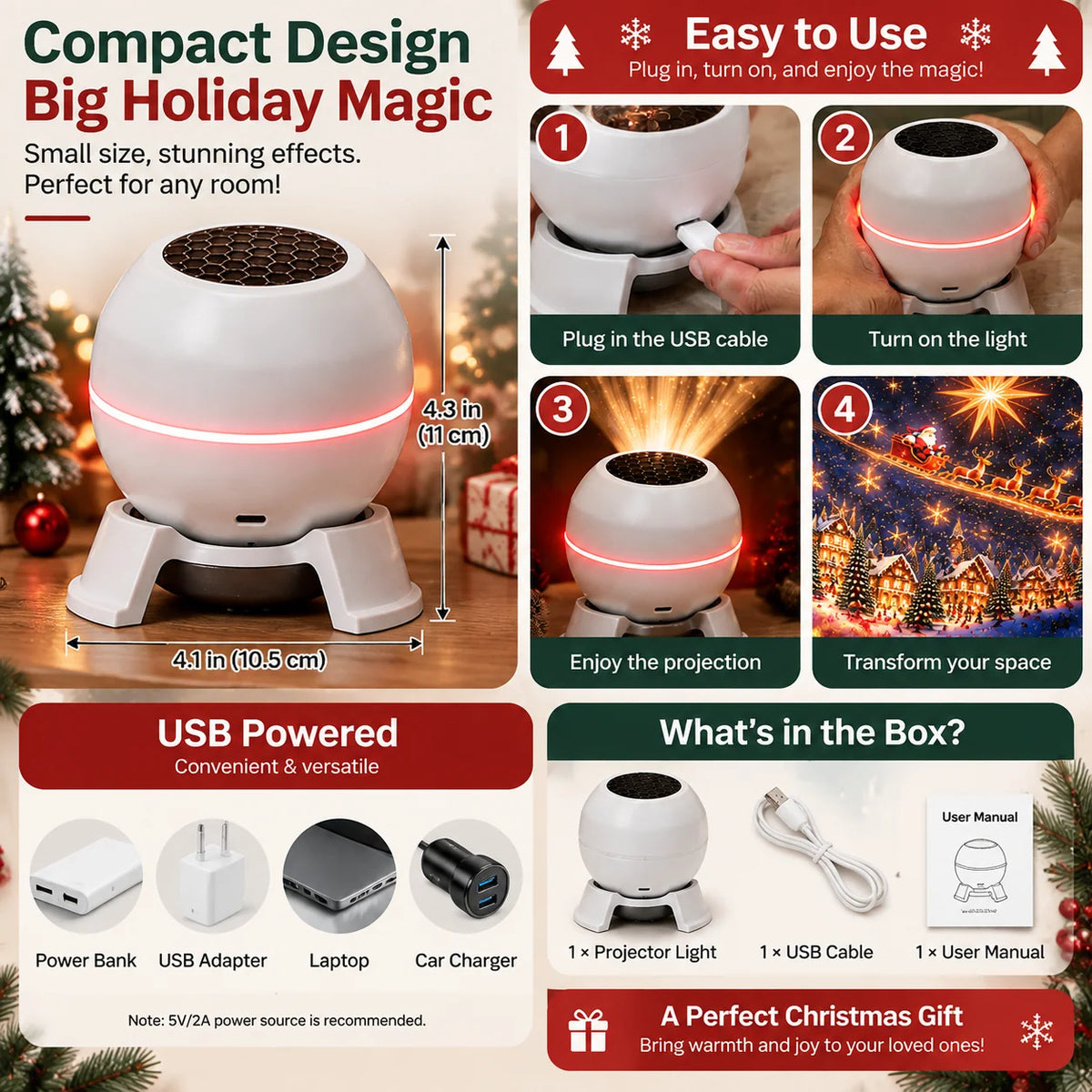 Christmas Projector Moving Designs USB Powered Indoor Decor