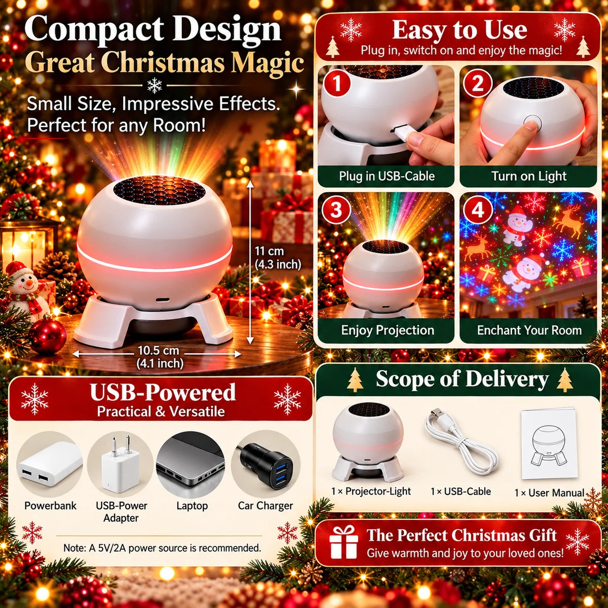 Christmas Projector Moving Motifs USB Powered Compact Design