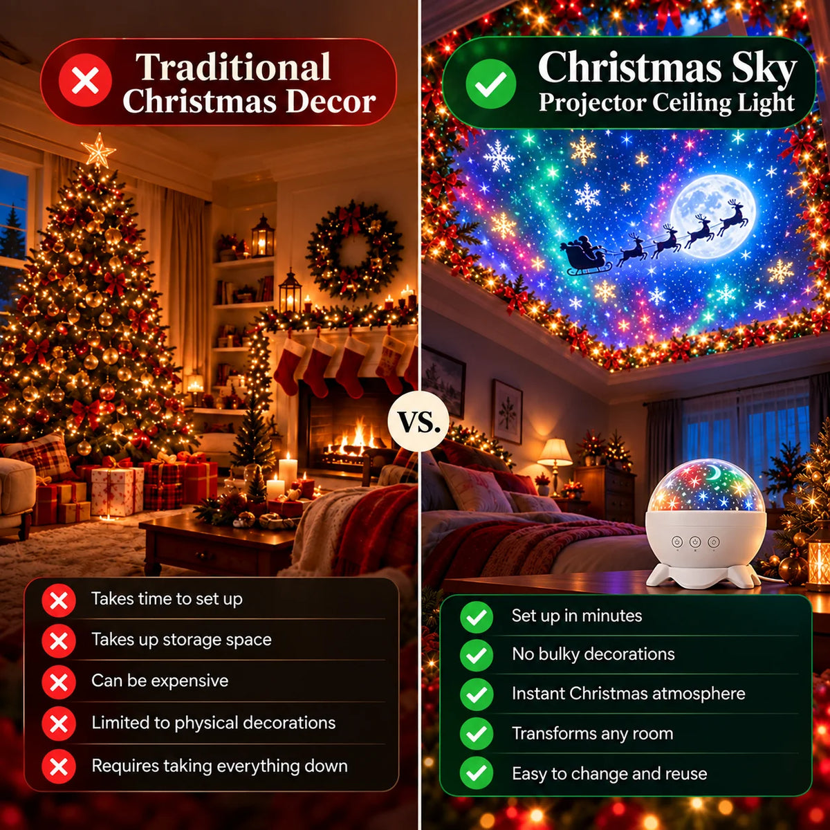 Christmas Projector Santa Sleigh & Reindeer Adjustable Angle & Distance