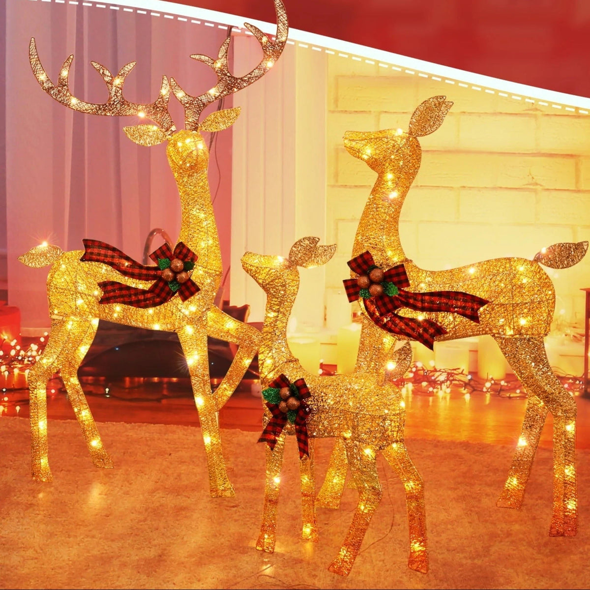 Christmas Reindeer Decorations Set of 3 Warm White LED
