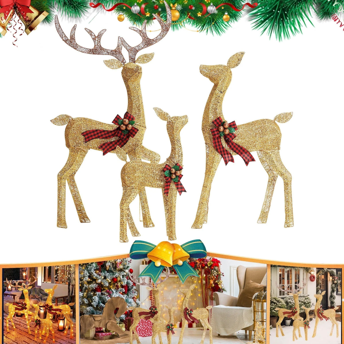 Christmas Reindeer Decorations Set of 3 Warm White LED