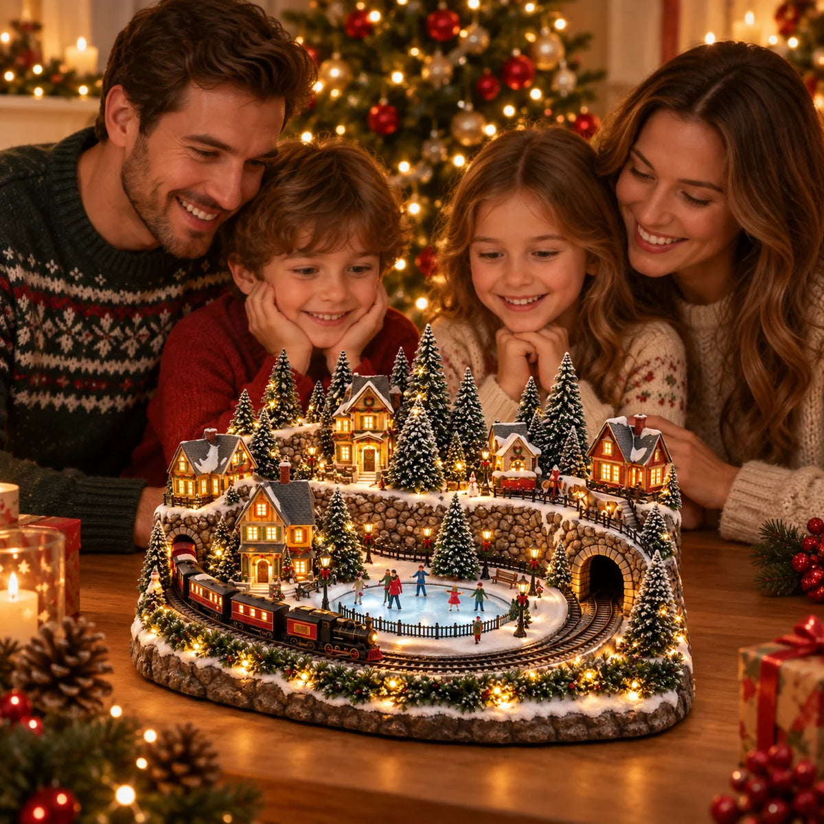 Christmas Village Decoration Moving Train Warm Lights & Holiday Music