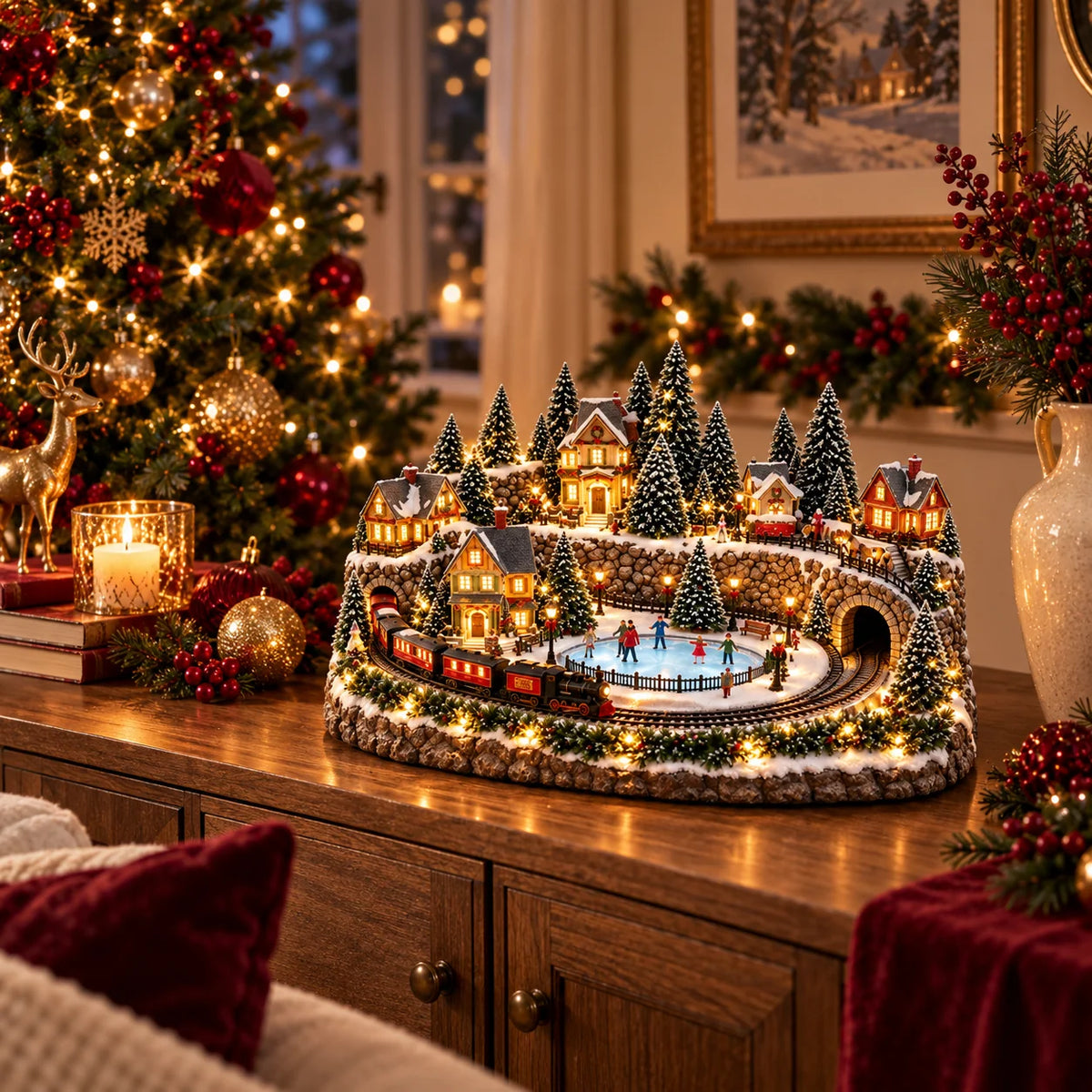 Christmas Village Decoration Moving Train Warm Lights & Holiday Music