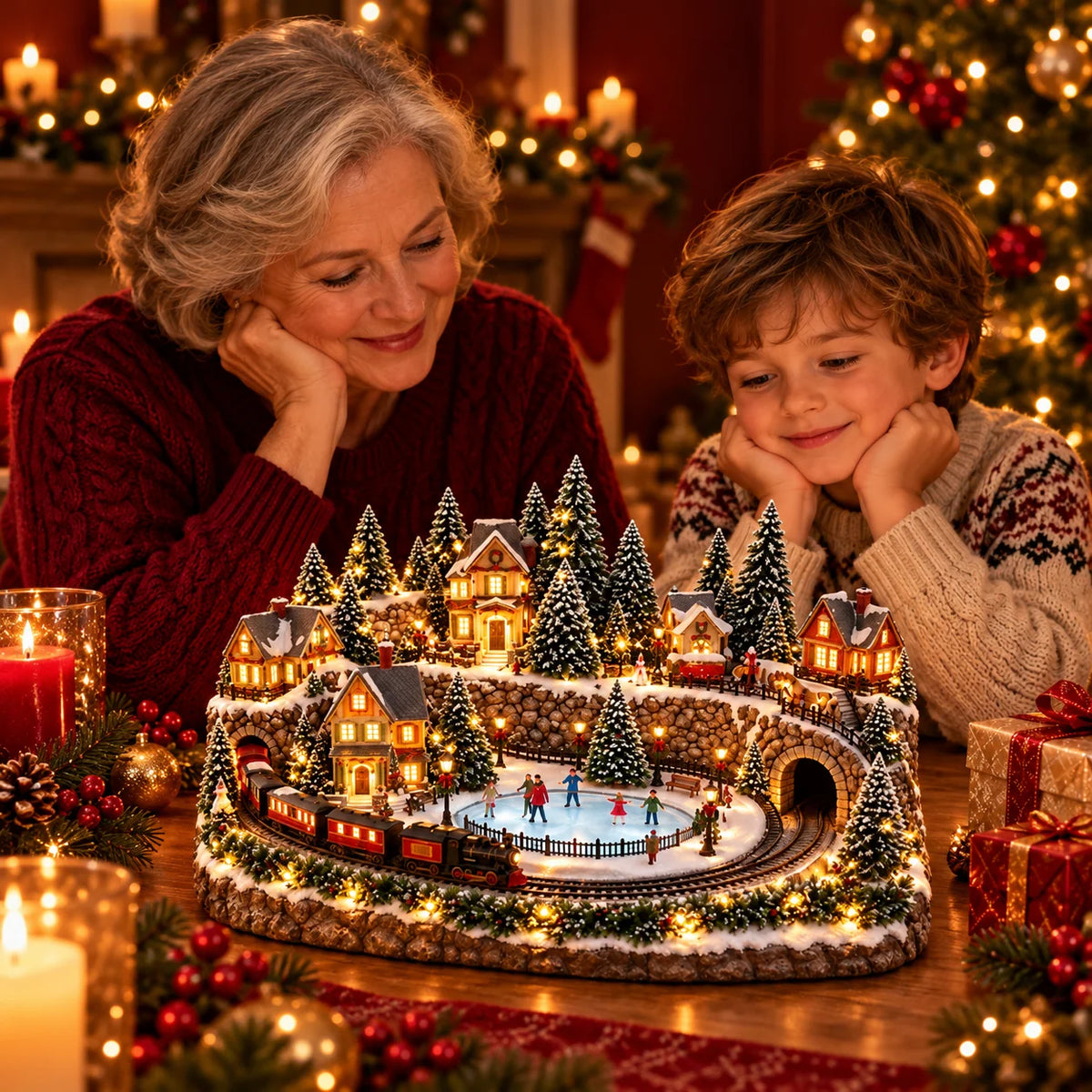 Christmas Village Decoration Moving Train Warm Lights & Holiday Music
