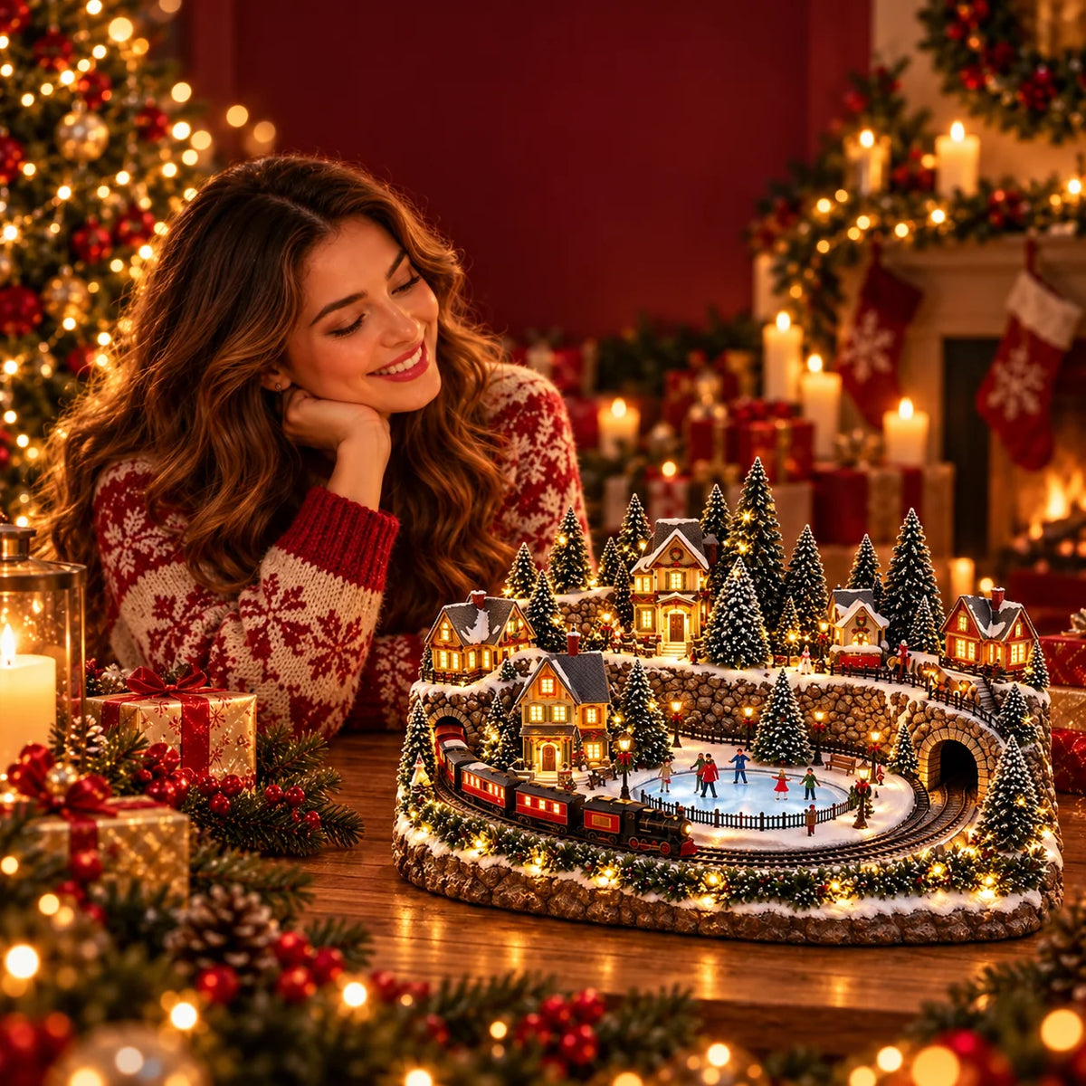 Christmas Village Decoration Moving Train Warm Lights & Holiday Music