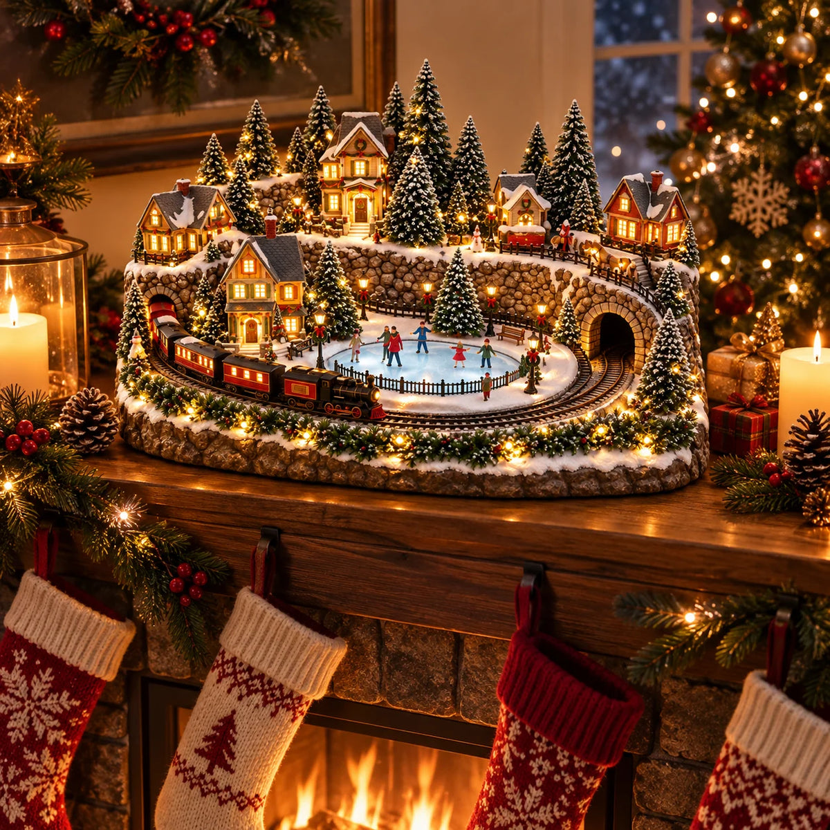 Christmas Village Decoration Moving Train Warm Lights & Holiday Music