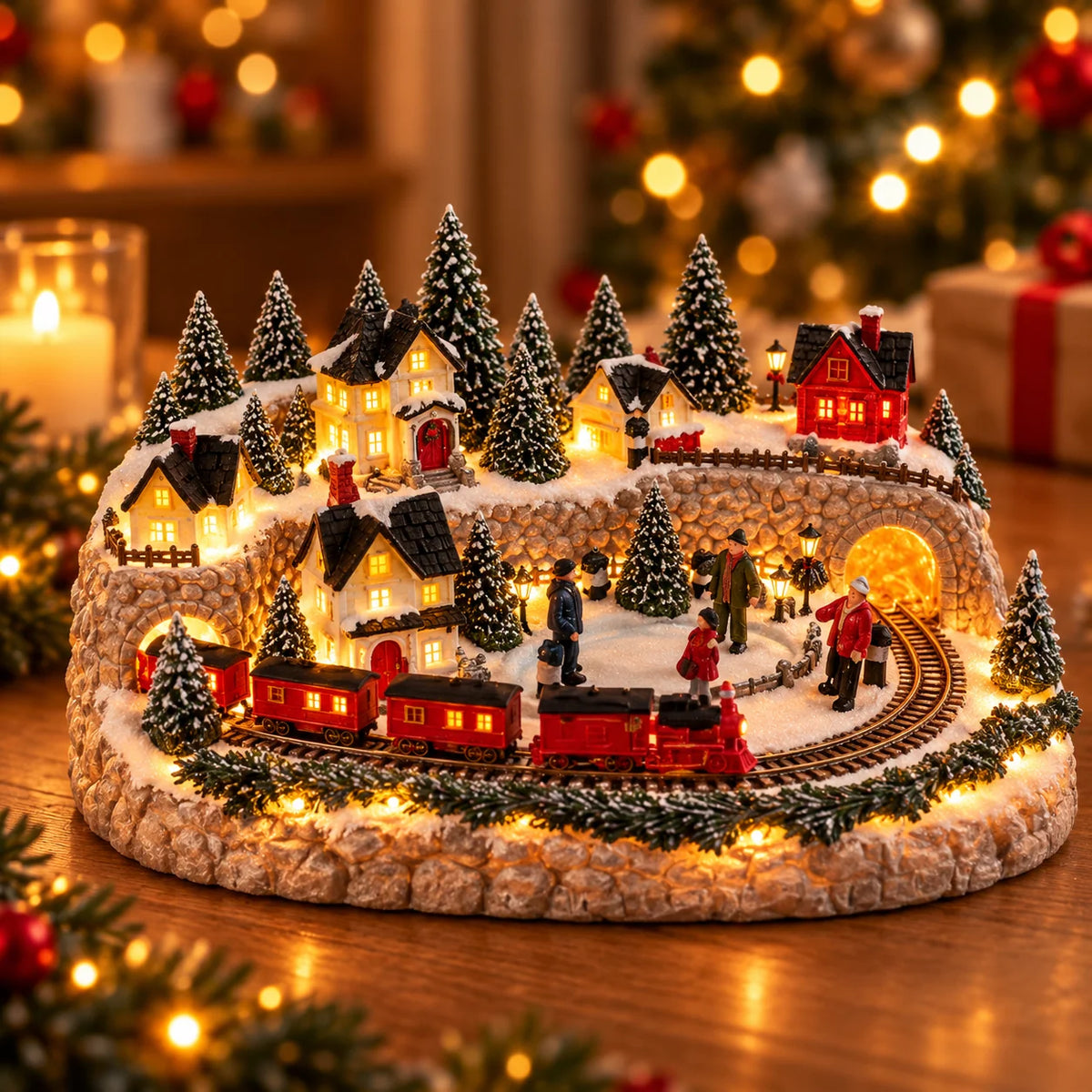 Christmas Village Display Lighted Multi-Level Train & Reindeer Sleigh