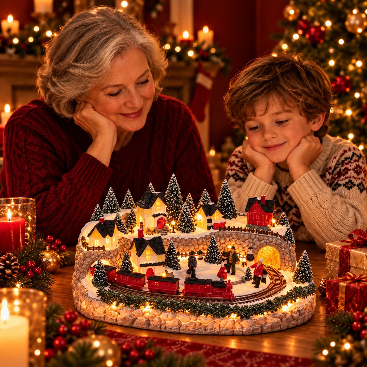 Christmas Village Display Lighted Multi-Level Train & Reindeer Sleigh