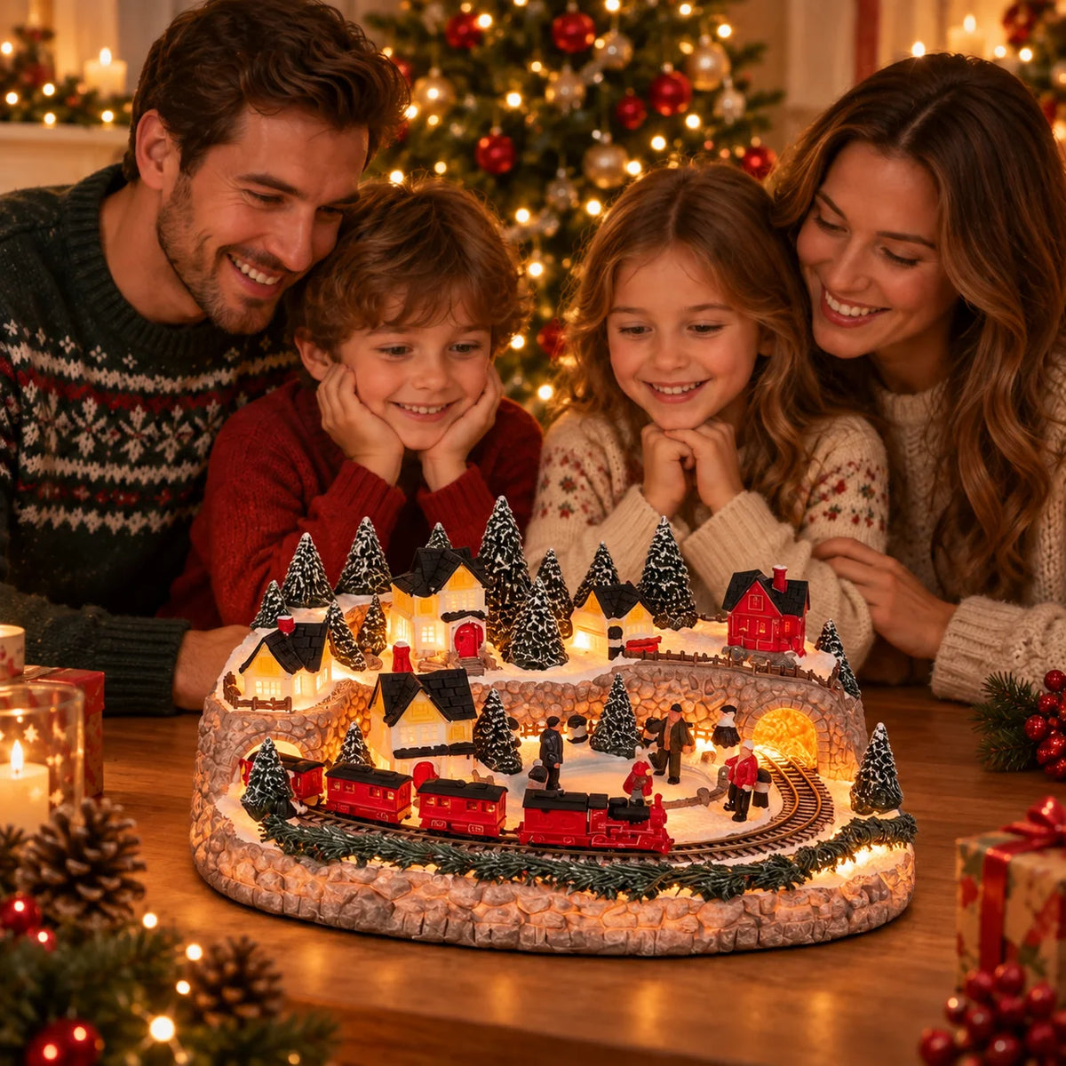 Christmas Village Display Lighted Multi-Level Train & Reindeer Sleigh
