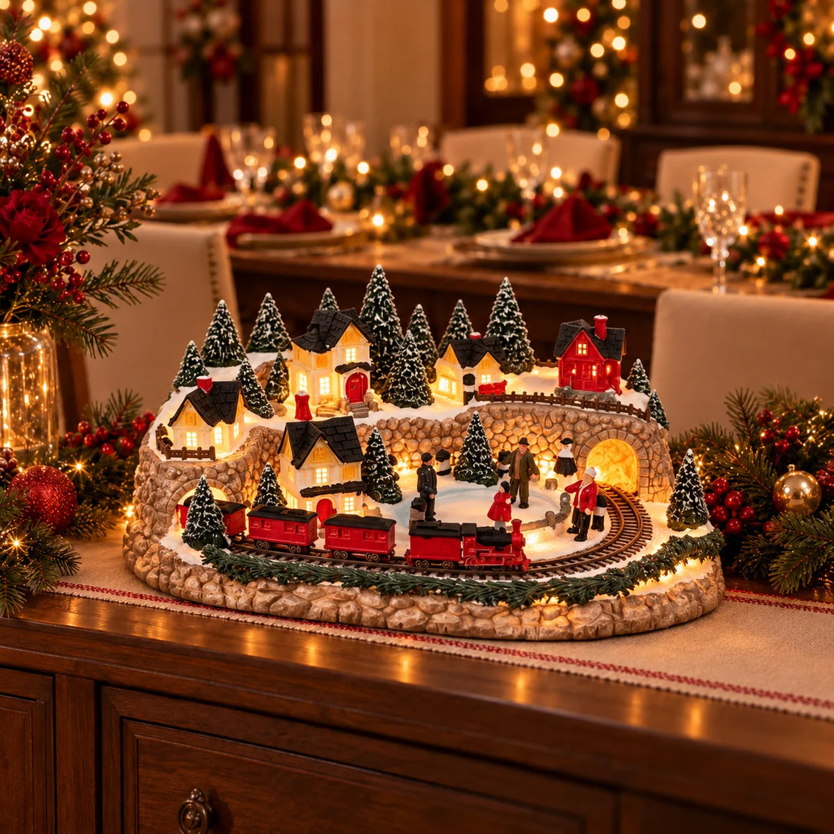 Christmas Village Display Lighted Multi-Level Train & Reindeer Sleigh