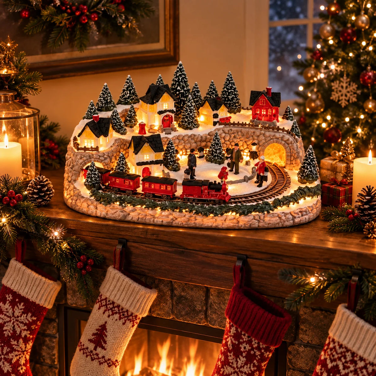 Christmas Village Display Lighted Multi-Level Train & Reindeer Sleigh