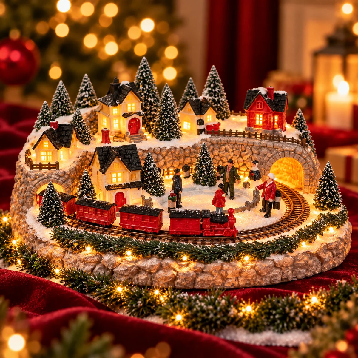 Christmas Village Display Lighted Multi-Level Train & Reindeer Sleigh