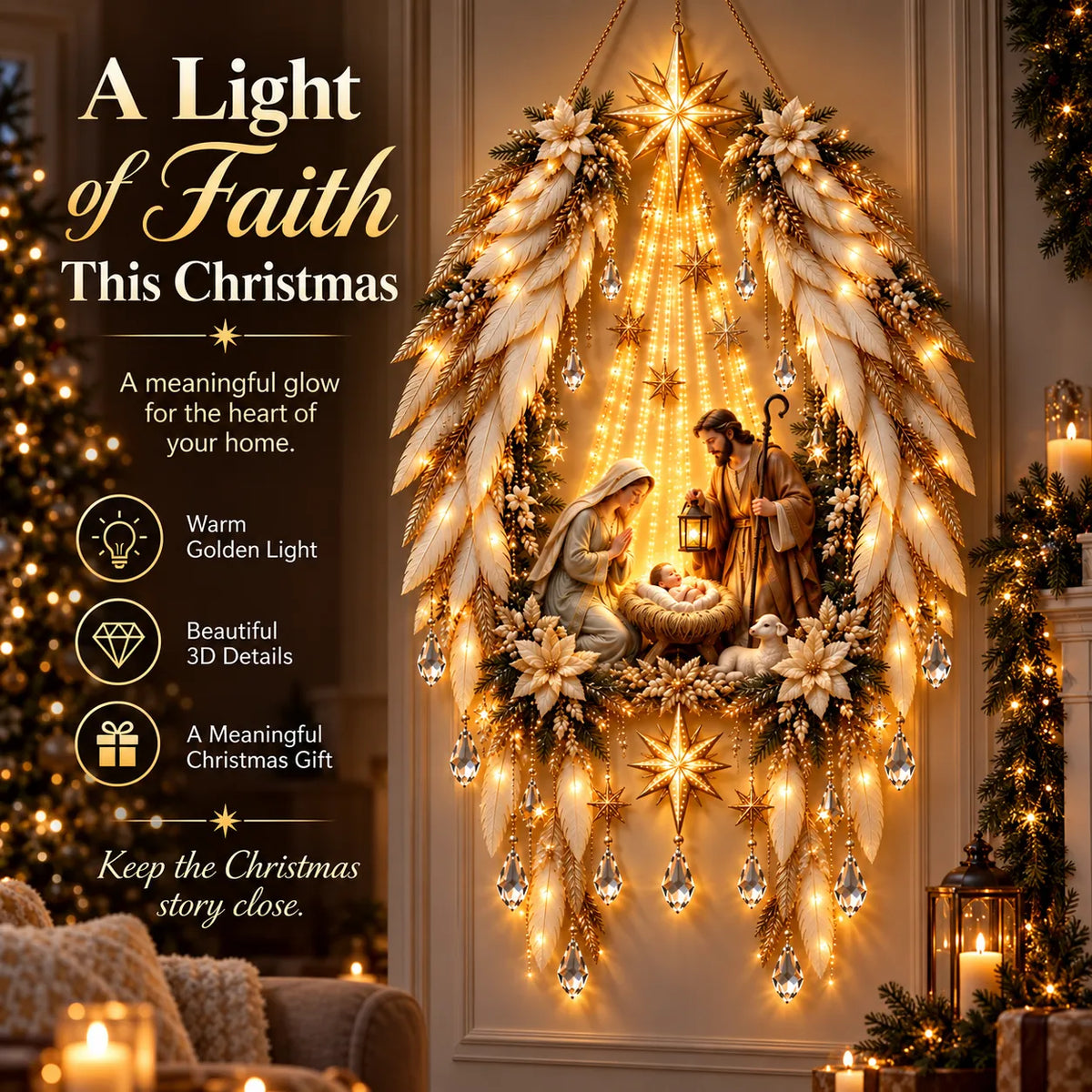 Christmas Wall Decoration Illuminated Nativity Scene Warm Lights