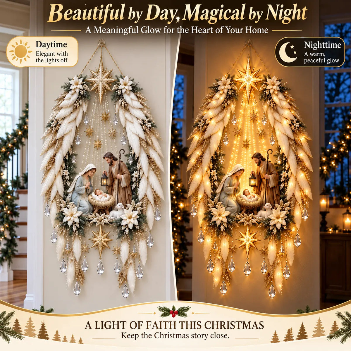 Christmas Wall Decoration Illuminated Nativity Scene Warm Lights