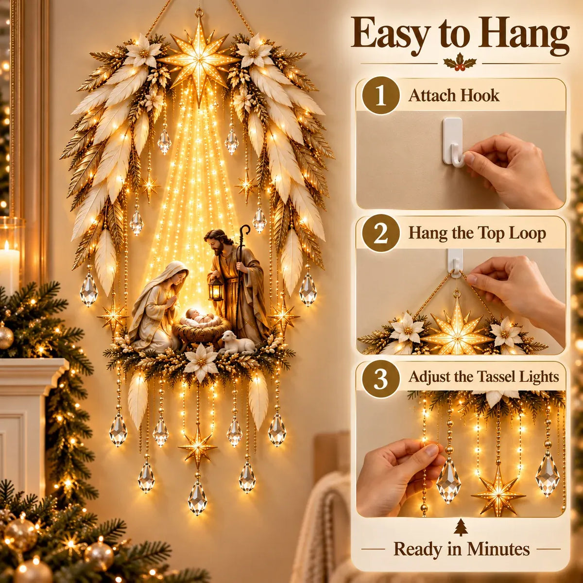 Christmas Wall Decoration Illuminated Nativity Scene Warm Lights