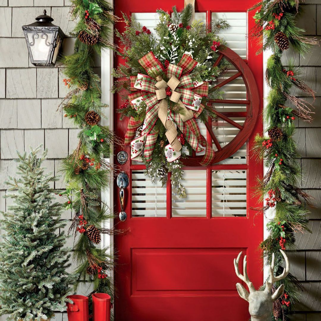 Christmas Wreath Faux Evergreens Red Accents 24-Inch