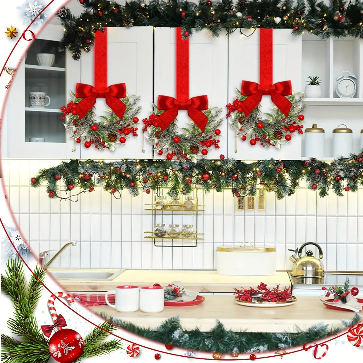 Christmas Wreath Polyester Red Bows & Pinecones Reusable Decor