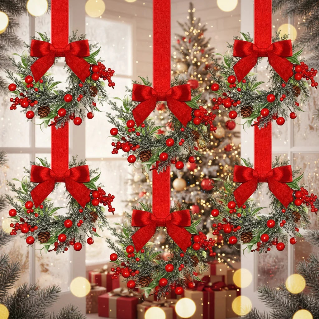 Christmas Wreath Polyester Red Bows & Pinecones Reusable Decor