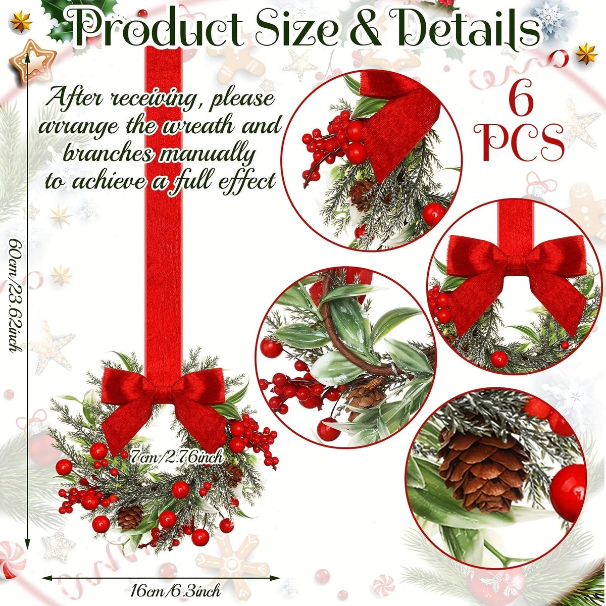 Christmas Wreath Polyester Red Bows & Pinecones Reusable Decor