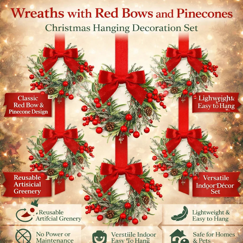 Christmas Wreath Polyester Red Bows & Pinecones Reusable Decor