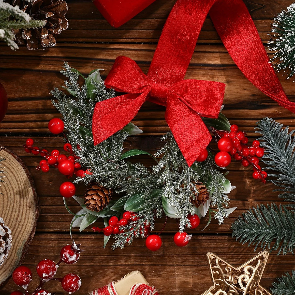 Christmas Wreath Polyester Red Bows & Pinecones Reusable Decor