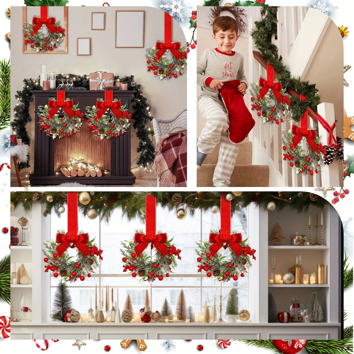 Christmas Wreath Polyester Red Bows & Pinecones Reusable Decor