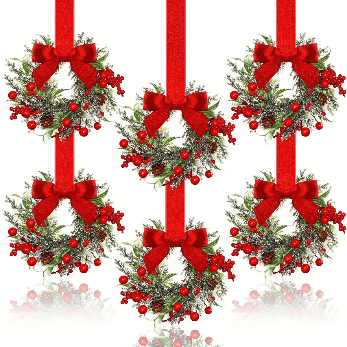 Christmas Wreath Polyester Red Bows & Pinecones Reusable Decor