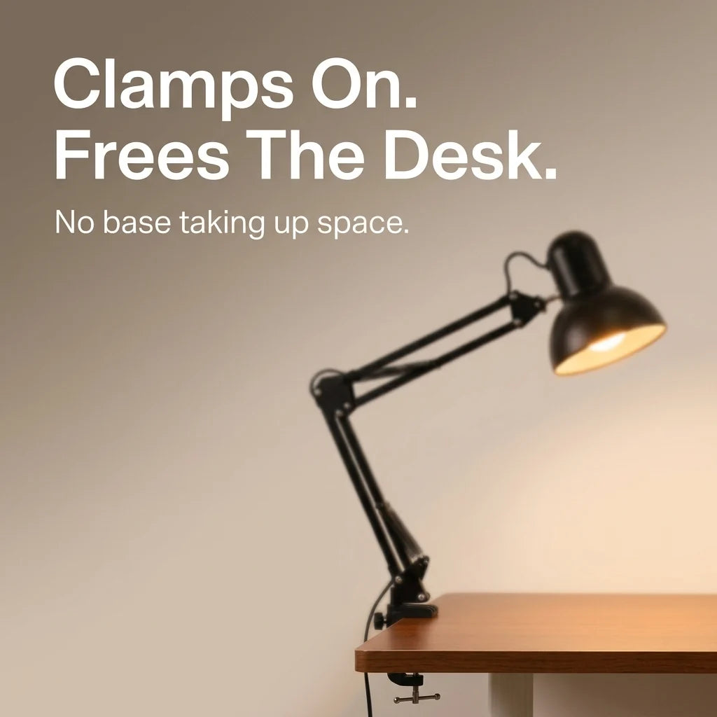 Clip-On Desk Lamp Adjustable Pivoting Arm E26 Bulb Base