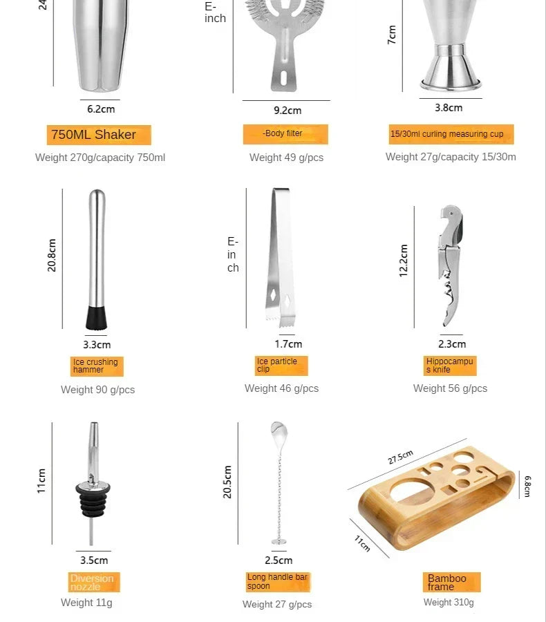 Cocktail Shaker Set Stainless Steel 10-Piece With Storage Stand