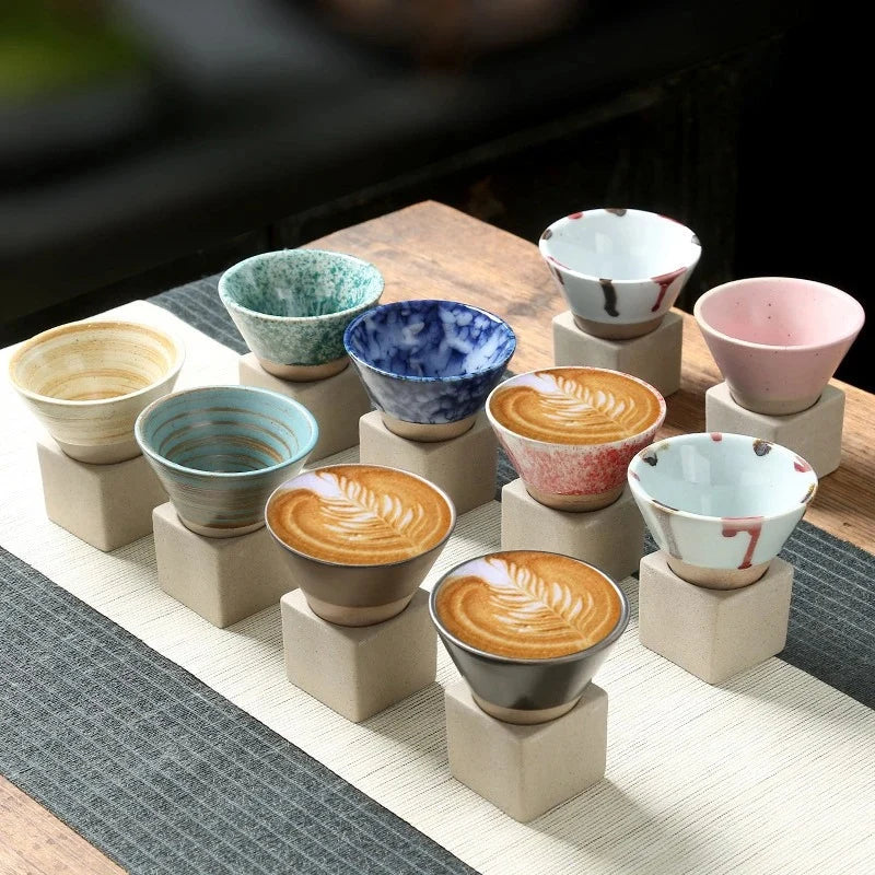 Coffee Cups Japanese Ceramic Set of 2 with Holder 3.4 Oz Capacity