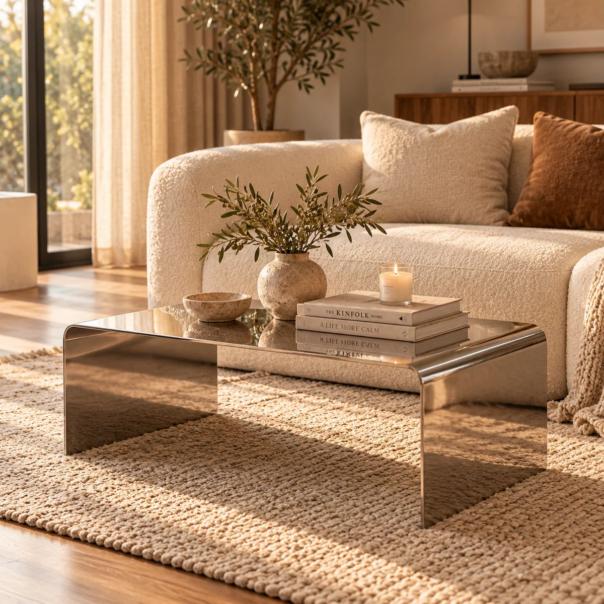 Coffee Table Stainless Steel Waterfall Design Polished Chrome Finish