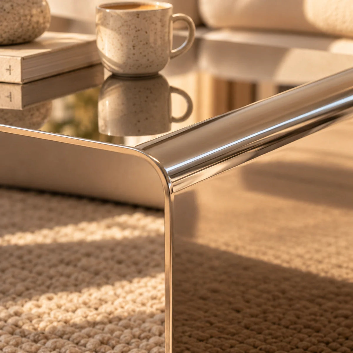 Coffee Table Stainless Steel Waterfall Design Polished Chrome Finish
