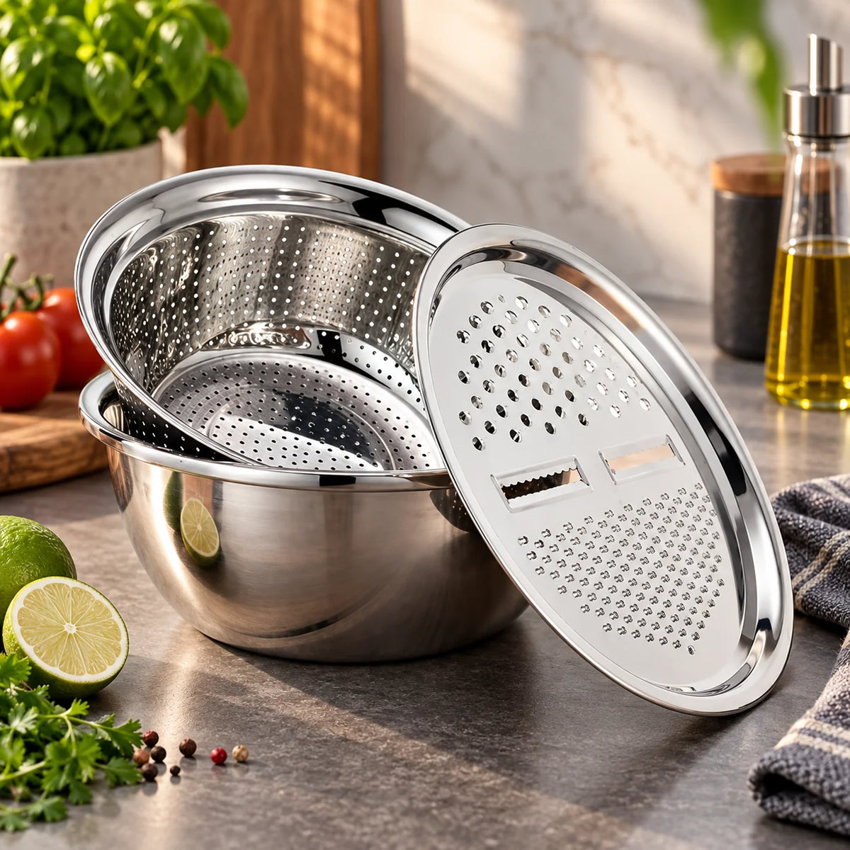 Colander & Grater Bowl Set Stainless Steel Nesting