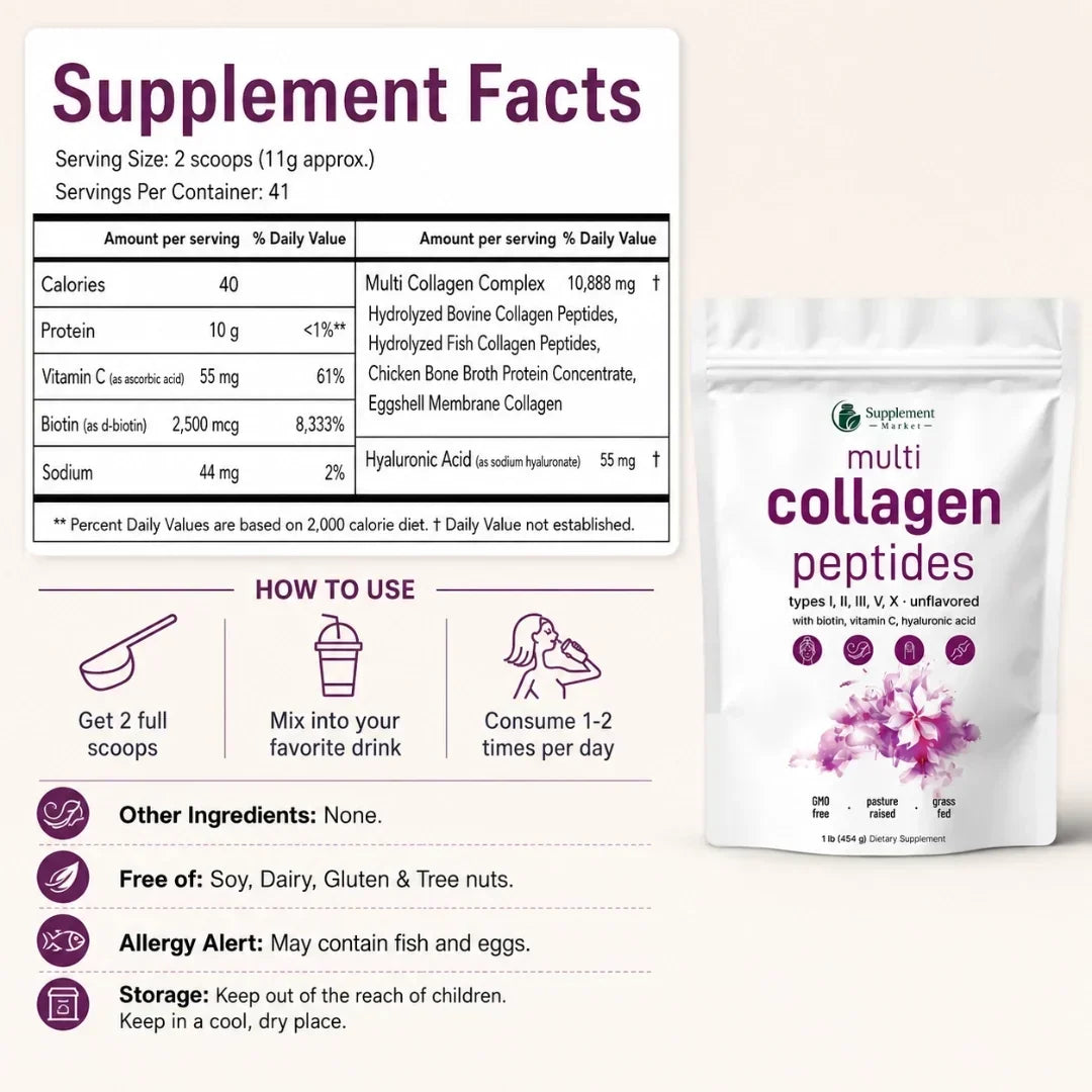 Collagen Peptides Powder Five Types With Vitamin C & Biotin