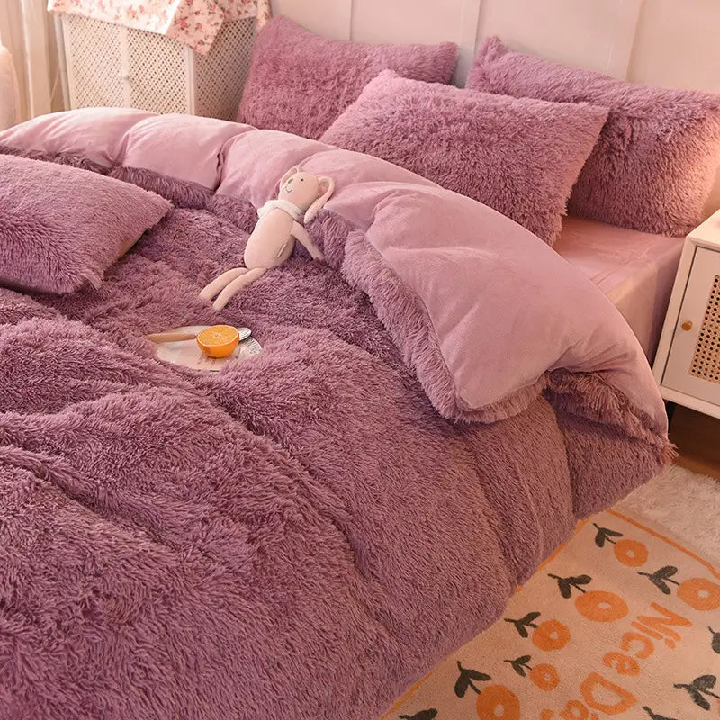 Comforter Set Sherpa Fleece Hidden Zipper Machine-Washable