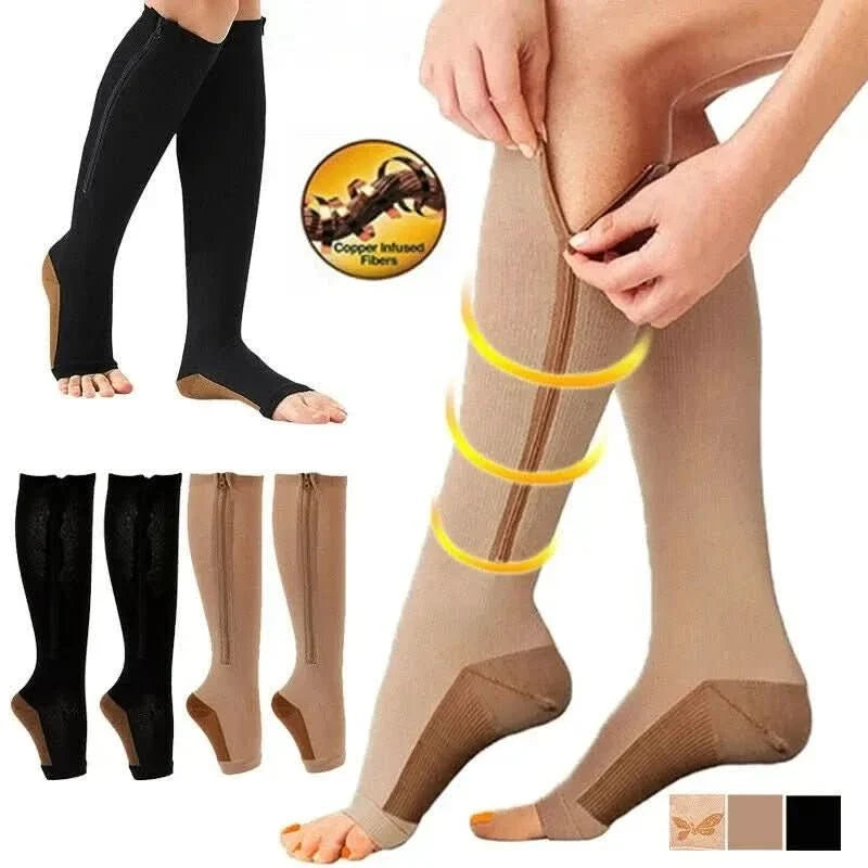 Compression Socks Graduated 20–30 mmHg Zip-Up Open-Toe