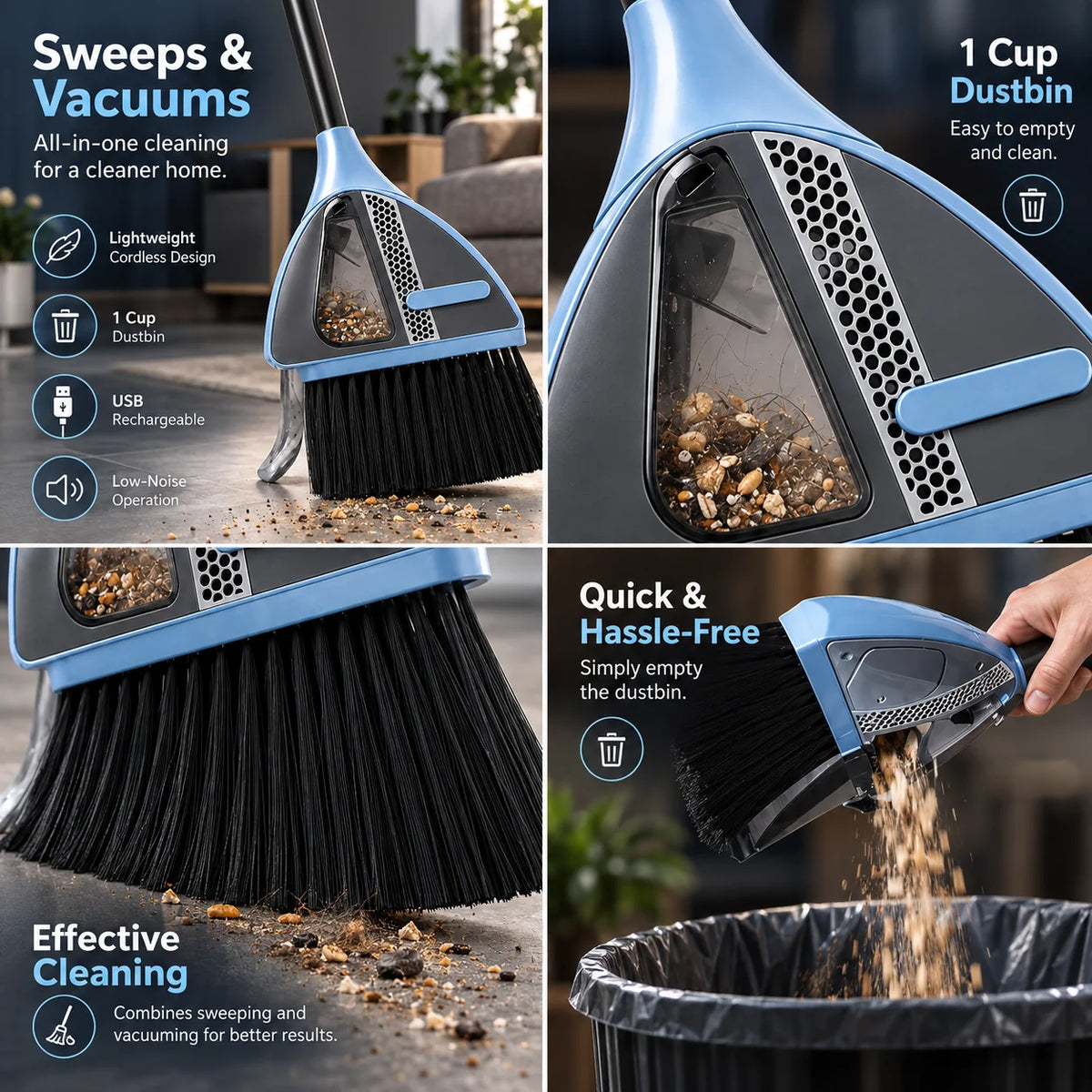 Cordless Vacuum Broom Dual-Action Lightweight Rechargeable