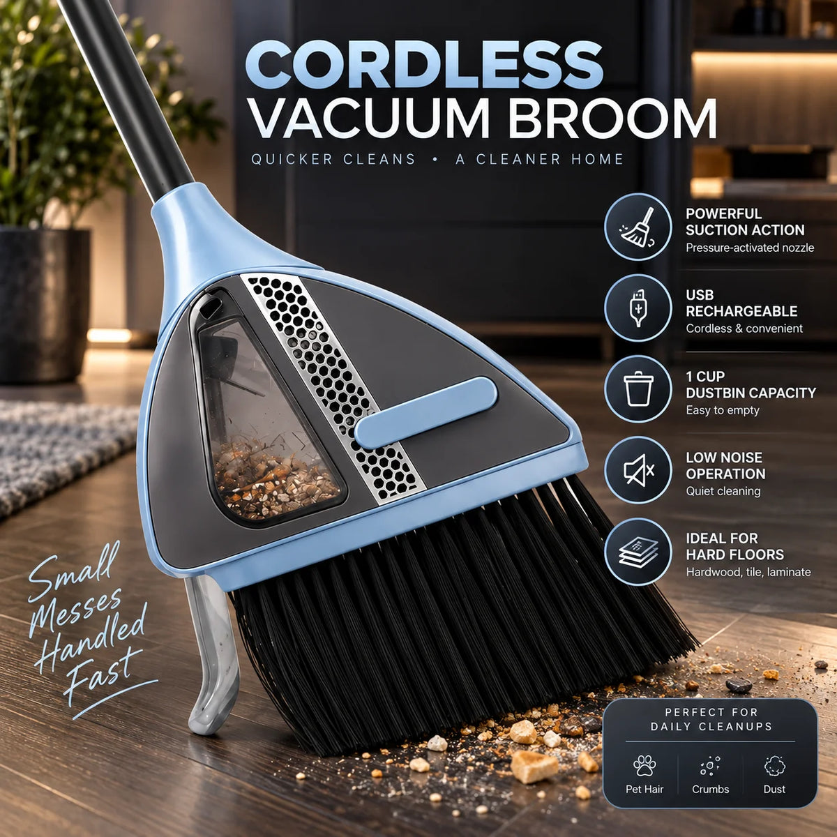 Cordless Vacuum Broom Dual-Action Lightweight Rechargeable