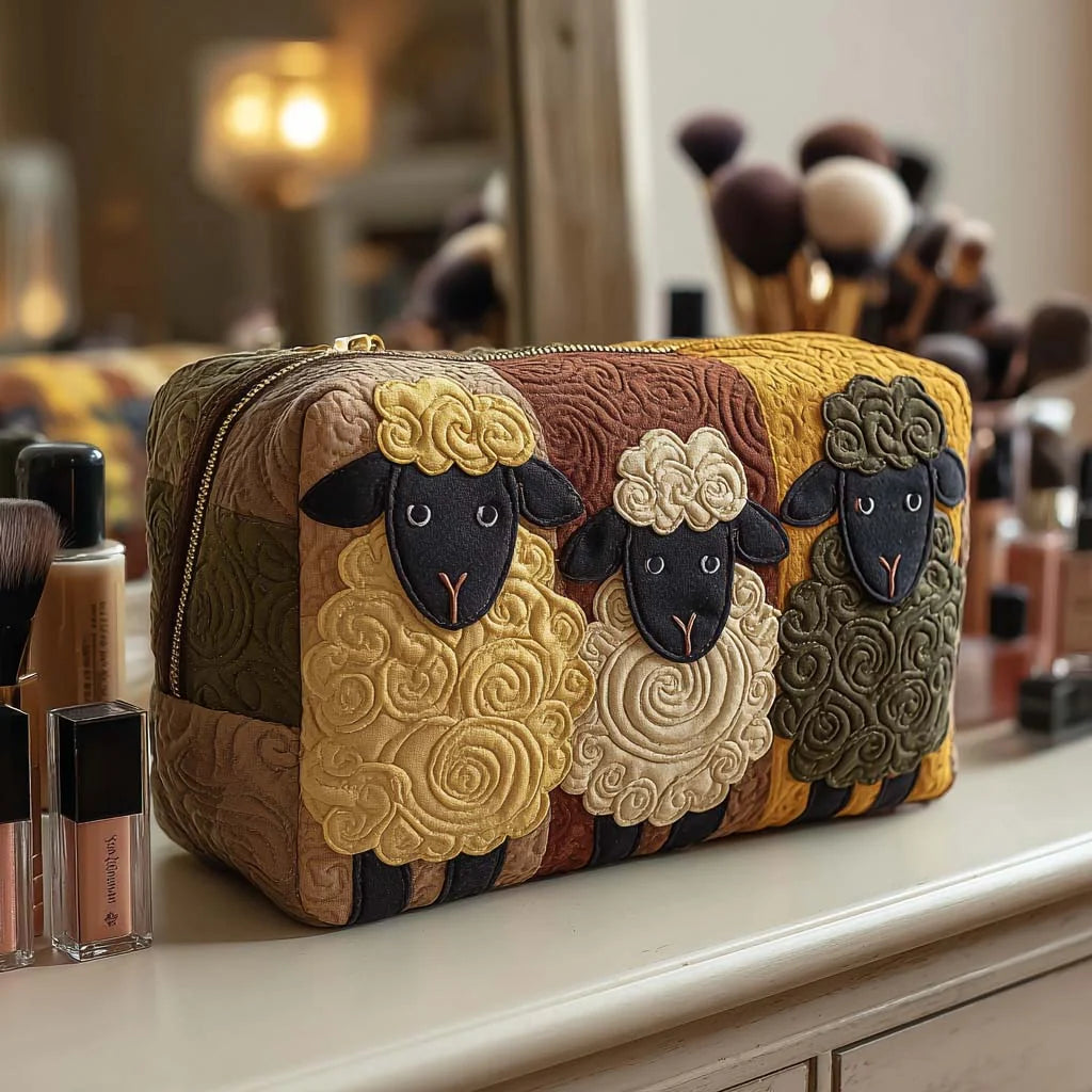 Cosmetic Bag Quilted Padded Sheep Design Zip-Around Closure