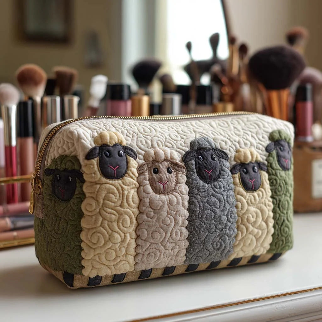 Cosmetic Bag Quilted Padded Sheep Design Zip-Around Closure
